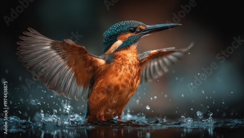 The kingfisher dives into the river, creating a splash while chasing fish, its broad wings and vivid plumage catching the light in this nature wildlife moment