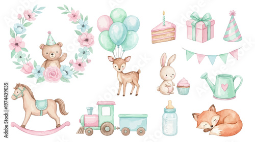 Adorable woodland animals, baby items and party decorations in gentle pastel watercolor palette for kids design and nursery projects. Collection of Vector illustrations. 