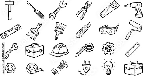 Black and White Line Art Icons of Construction and Repair Tools, Industrial Equipment