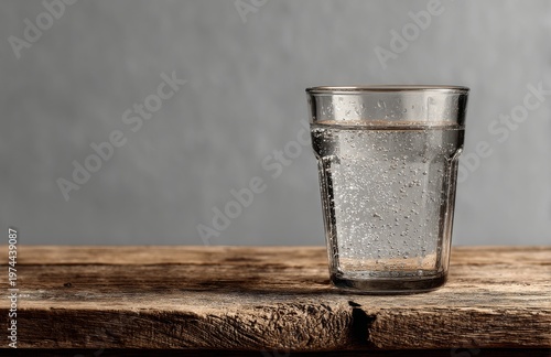 On a wooden table sits a glass half full of water; light from behind creates shadows on the wall, representing a choice of perspective, whether possible or impossible