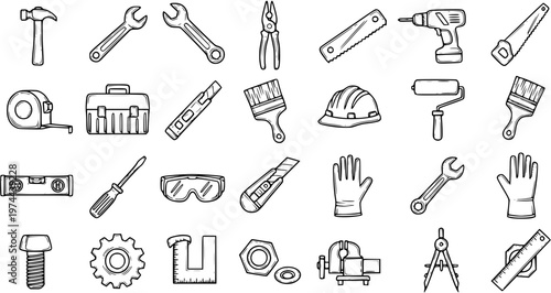 Black and White Line Art Icons of Construction and Repair Tools