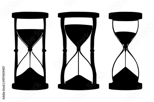 Sand timer set with black silhouette on a white background featuring timekeeping, measuring, decorative with countdown and utensil