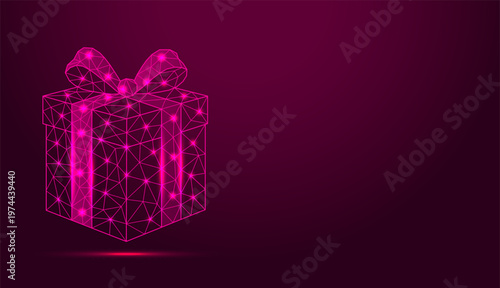 Low poly wireframe gift box with bow on dark background.