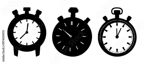Stopwatch set with black silhouette against plain white background featuring timekeeping, countdown timer, chronometer with vector design and illustration