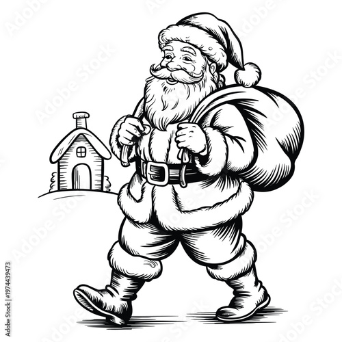 A jovial santa claus walks with a large sack and a cozy house a festive silhouette