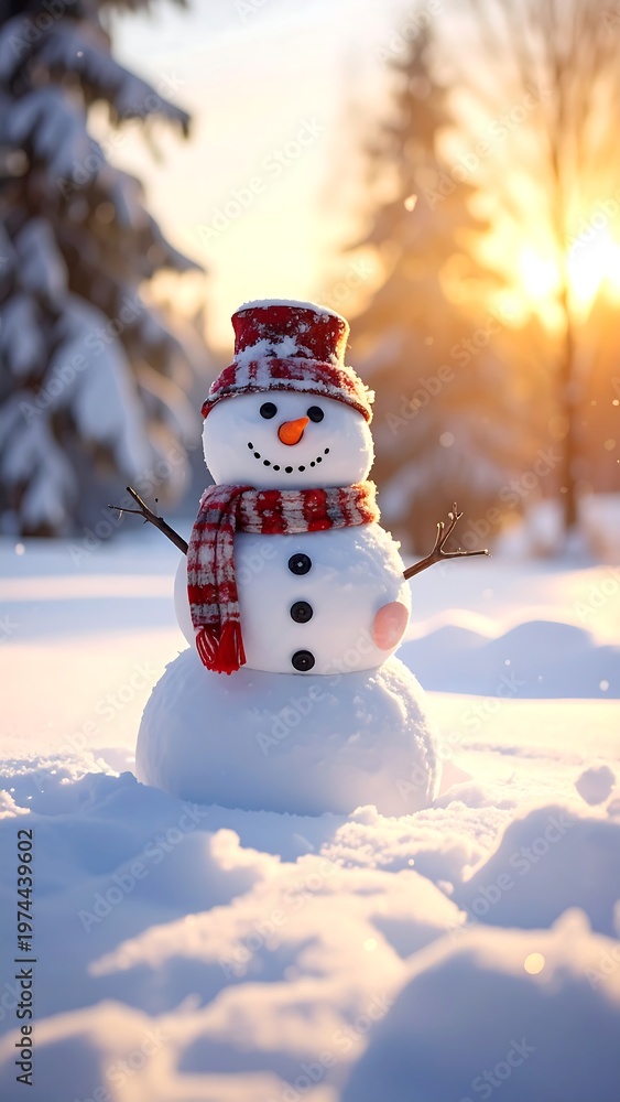 Obraz premium A snowman in a winter landscape with trees and sunset (1)