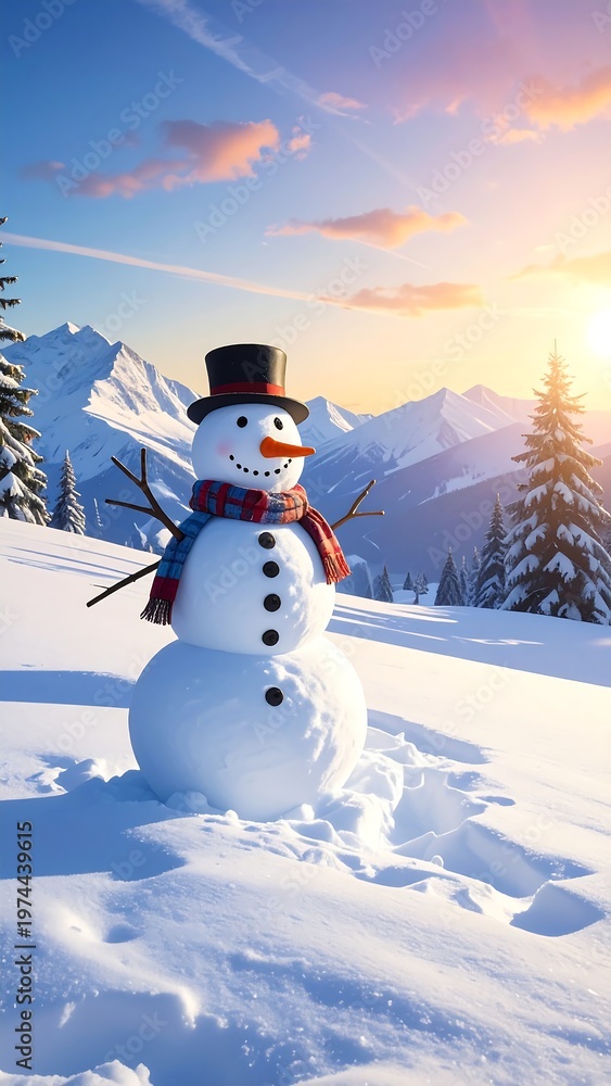Obraz premium A snowman in a winter landscape with mountains and trees (2)