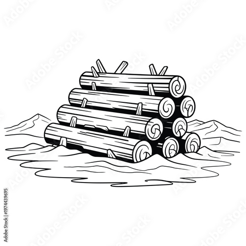 A stack of logs rests on uneven ground creating a rustic woodpile image silhouette