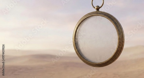 Pocket watch suspended in mid-air against a soft desert landscape