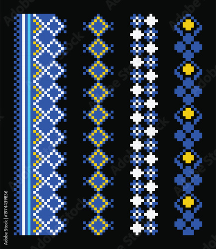 Ukrainian Lviv linear border ornaments in blue and yellow pixel style on black background. Geometric fertility and protective folk symbols repeated motifs set