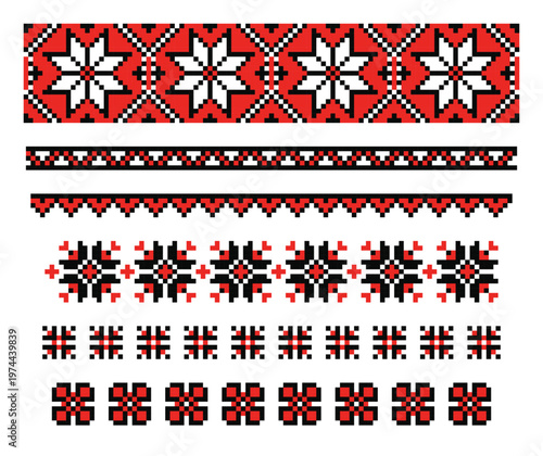 Set of traditional Ukrainian pixel embroidery eight-pointed star ornaments and compliment borders from Lviv. Red and black solar motifs from minimalistic to complex, vyshyvanka harmony symbols