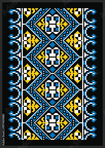 Complex Ukrainian Lviv pixel rhombus ornament in yellow and blue on black. Floral Tree of Life and mirrored horn borders on dark backdrop, ethnic fertility and masculine energy design