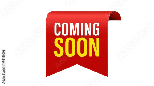 A red coming soon ribbon banner on transparent background
