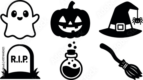 Black and white halloween icons ghost pumpkin witch hat gravestone potion bottle and broom
