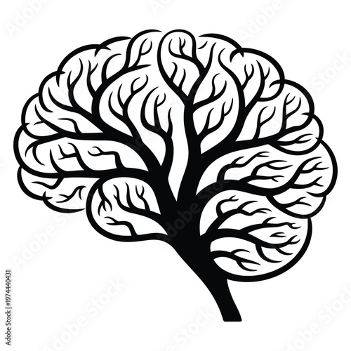 A striking black silhouette of a brain creatively shaped like a tree representing thought and growth