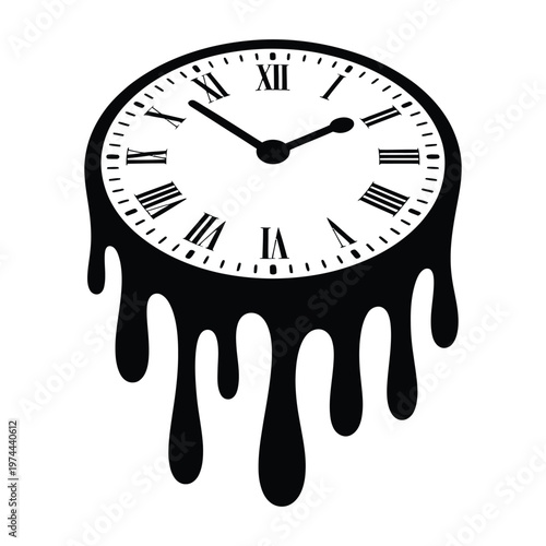 A melting clock with roman numerals displays the passage of time presented as a striking silhouette