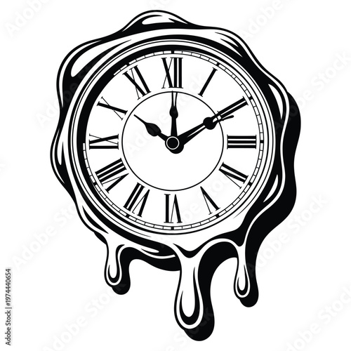 A surreal melting clock with roman numerals displays the passage of time a striking silhouette