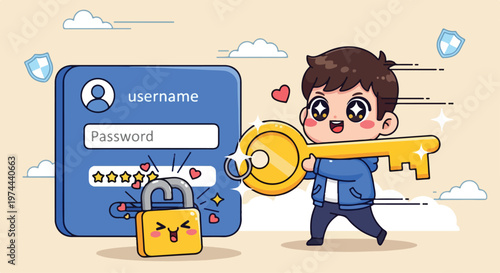 Cute cartoon boy holding a large golden key to unlock a digital login screen with username and password fields