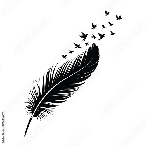 A large feather with a flock of birds taking flight depicted in a striking black silhouette