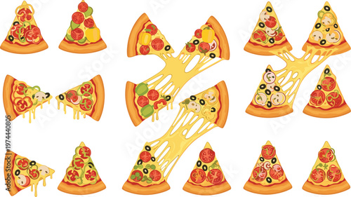 Collection of pizza slices with various toppings including cheese, pepperoni, olives and vegetables, delicious fast food vector illustration