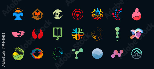 Modern Logo Set on Difference Themes Design like Medicine and Science, Religion and Charity Found, Education, Art and Tech. Isolated Logotypes Collection. Vector Illustration