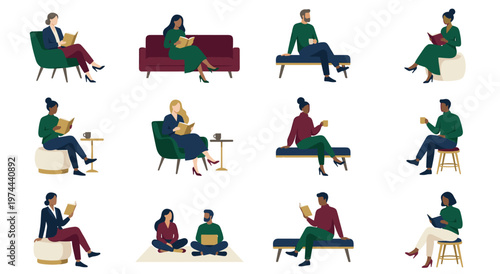 Collection of illustrations showing diverse people reading books and enjoying coffee in various settings, including chairs, benches, and on the floor.