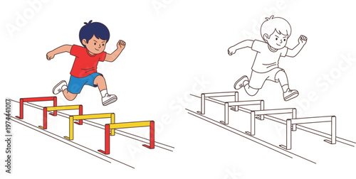Little Boy Athlete Jumping Over Hurdles on Track Field Illustration Set with Colored and Line Art Version for Kids Coloring Page Sports Activity and Physical Education Concept