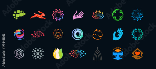 Modern Logo Set on Difference Themes Design like Medicine and Science, Religion and Charity Found, Education, Art and Tech. Isolated Logotypes Collection. Vector Illustration