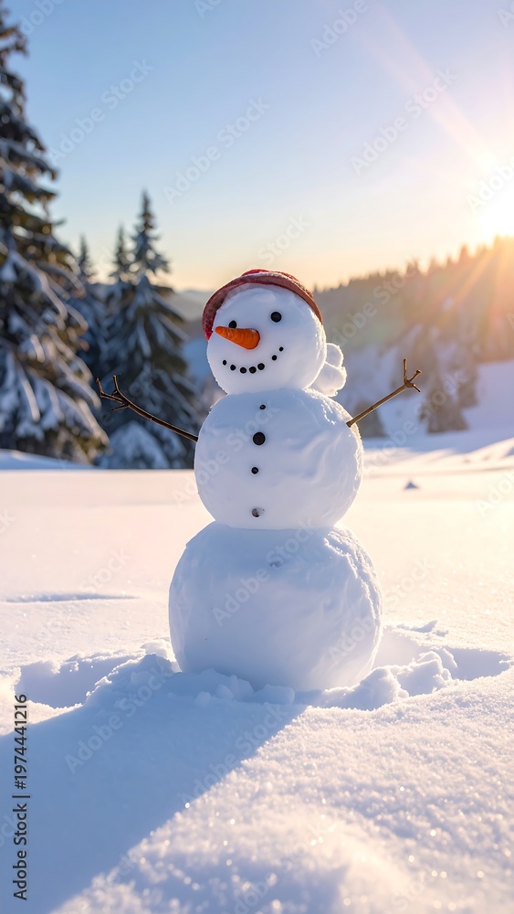 Obraz premium A snowman wearing a hat and scarf stands in a snowy landscape (1)