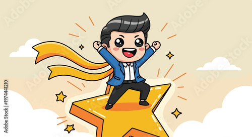 Excited businessman standing triumphantly on a large golden star with a flowing ribbon and sparkling effects
