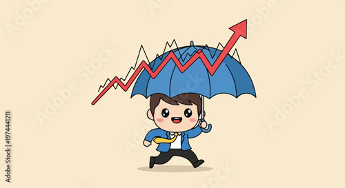 Cartoon businessman running with umbrella protecting against volatile stock market graph showing upward trend