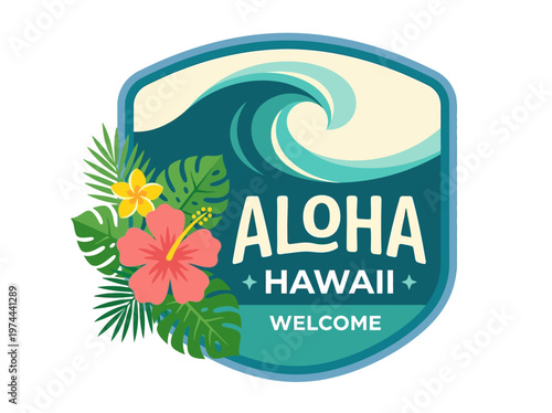 Bright tropical welcome sign vector illustration for Hawaii travel, featuring hibiscus flowers, palm leaves, and ocean waves.