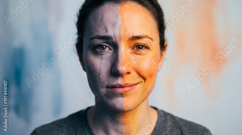 A woman's face split into two halves, one side crying and sad, the other side smiling and happy, symbolizing contrasting emotions.