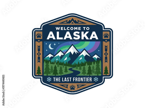 Flat vector emblem welcoming to Alaska, showcasing majestic mountains, northern lights, and a winding river under a starry night sky.