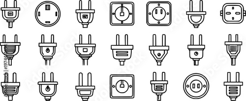 Electrical Plugs and Sockets Black and White Line Art Icons. Diverse Power Outlet Types Vector Set for Energy  Technology Industry.