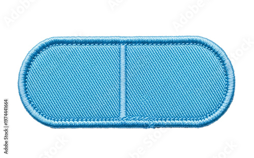 Blue oval patch with stitching on checkered background.