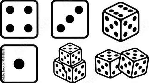 Black and white dice showing different dot patterns in flat vector art