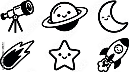Cute black and white space icons with smiling planets star moon rocket and comet