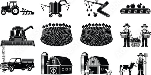 Black and white farming agriculture icons set featuring tractor, irrigation, harvesting, barns, livestock, farmers, crop fields, and rural life equipment for agricultural industry illustration