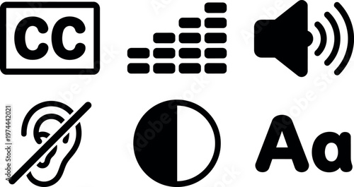 Black and white accessibility icons set closed captions volume brightness and text settings