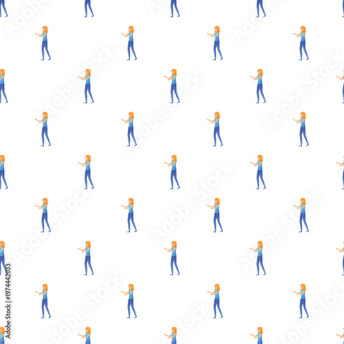 Repeating illustration of a woman with blonde hair and blue clothes