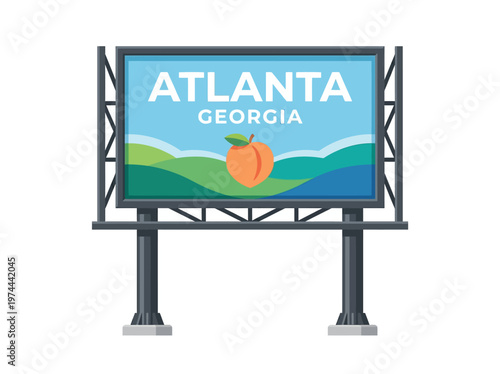 Flat Vector Illustration of a Billboard Sign Advertising the City of Atlanta, Georgia with Peach Symbolism and Scenic Landscape
