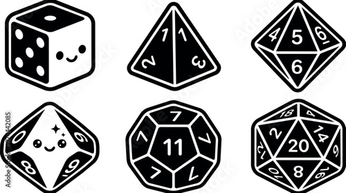 Black and white happy dice and gaming polyhedron dice set vector art