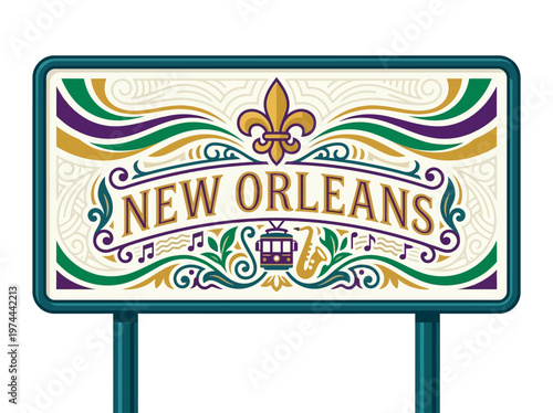 Modern flat vector illustrated billboard sign inspired by New Orleans, featuring cultural symbols, music, and festive colors.