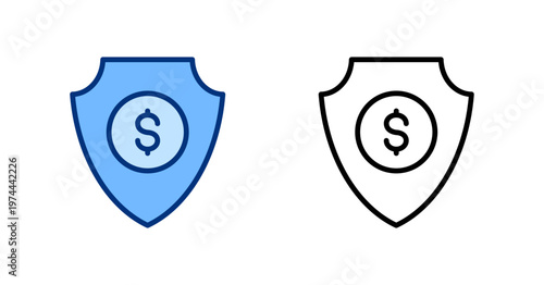 Emergency Fund thin line, solid icons. Personal Finance, Financial Control, Dollar, Money Management, Budgeting concept. Blue, black outline vector shield icons.