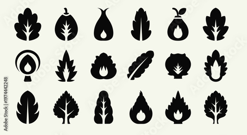 Collection of Black Leaf and Flame Icons Representing Nature and Energy.