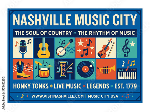 Flat vector sign promoting Nashville Music City, celebrating country music, live entertainment, and iconic instruments.
