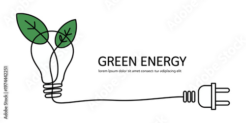 Plant with a plug in continuous one line art style. Green energy concept. Simple vector, green energy plug concept, Clean Energy. Hand drawn. Editable Icon,  Renewable power outline. sustainability.