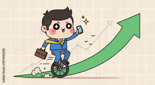 Energetic businessman riding a unicycle on a rising green arrow graph symbolizing business growth and success