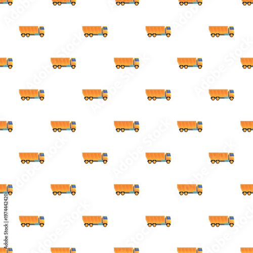 Yellow dumper trucks forming a repeated pattern on a white background